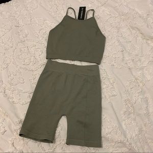 Olive green, new with tags crop tank and biker shorts
